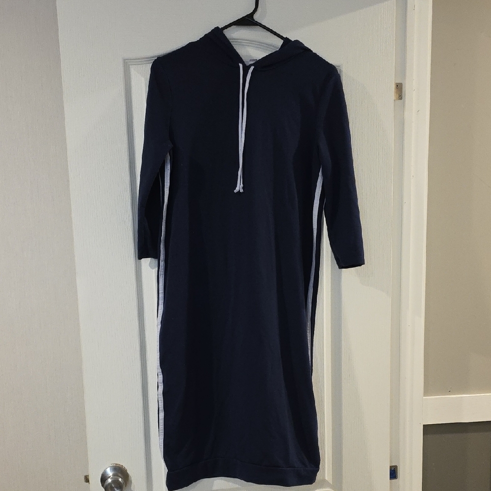 Navy Blue Hooded Sweatshirt Dress with White Stripes. Youth Size M